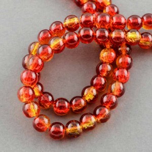 Glaskraal, rond 8mm, crackle rood-oranje, per 20st of per streng